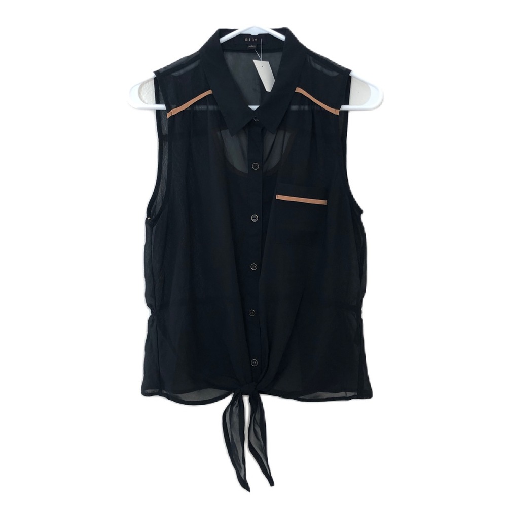 Mine Collared Sleeveless Button Down Voile Blouse with Pocket and Front Tie NWT